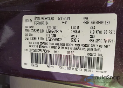 2005 Dodge Ram 2500 Slt/Laramie z USA, uszkodzony, nr VIN 3D7KS28C85G745097